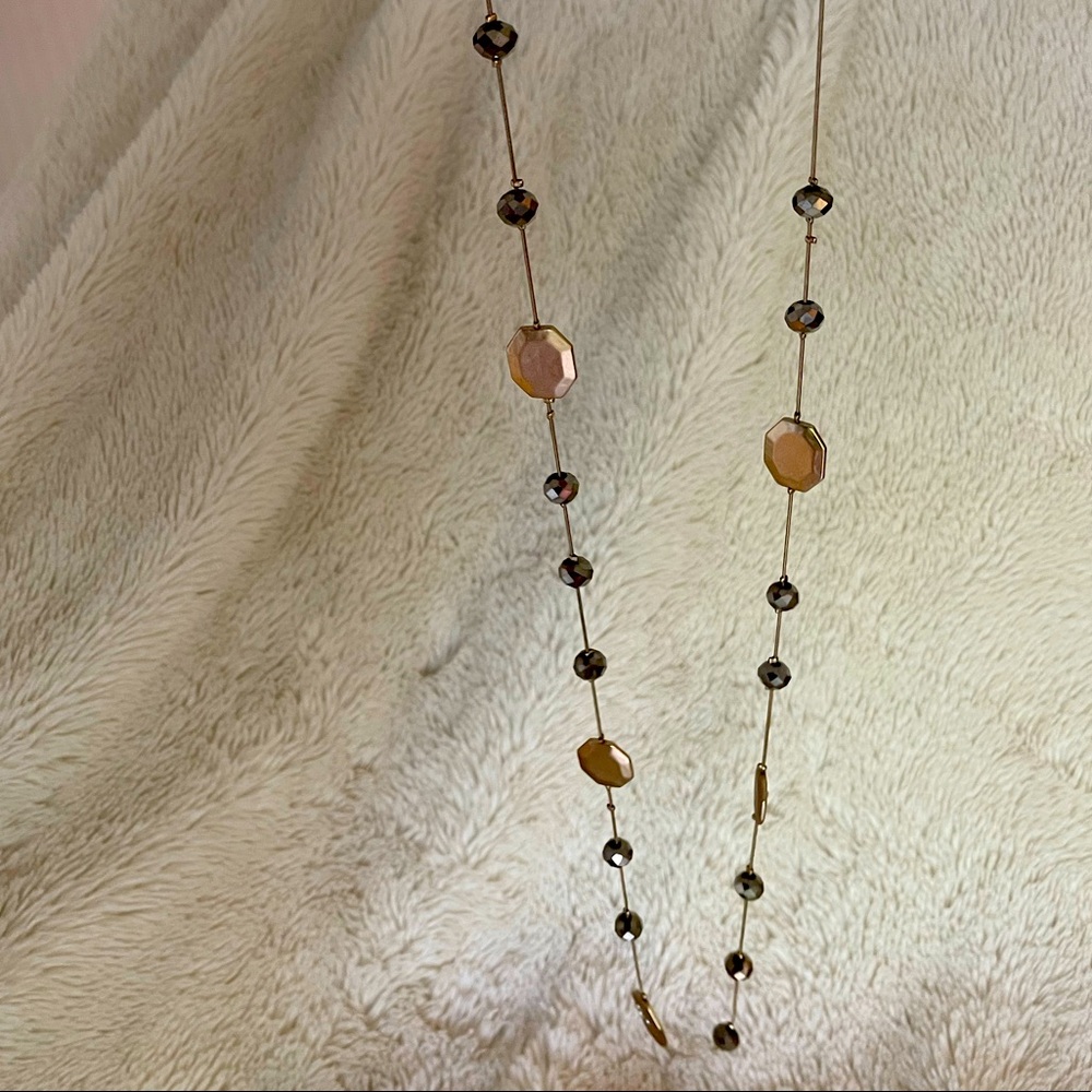 Long Gold Necklace with Metallic Beads and Diamond Gems. NWT from Chicos